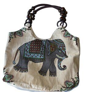 Canvas Tote Bag With Elephant Embroidery & Wooden Bead Handles Womens Hand Bag